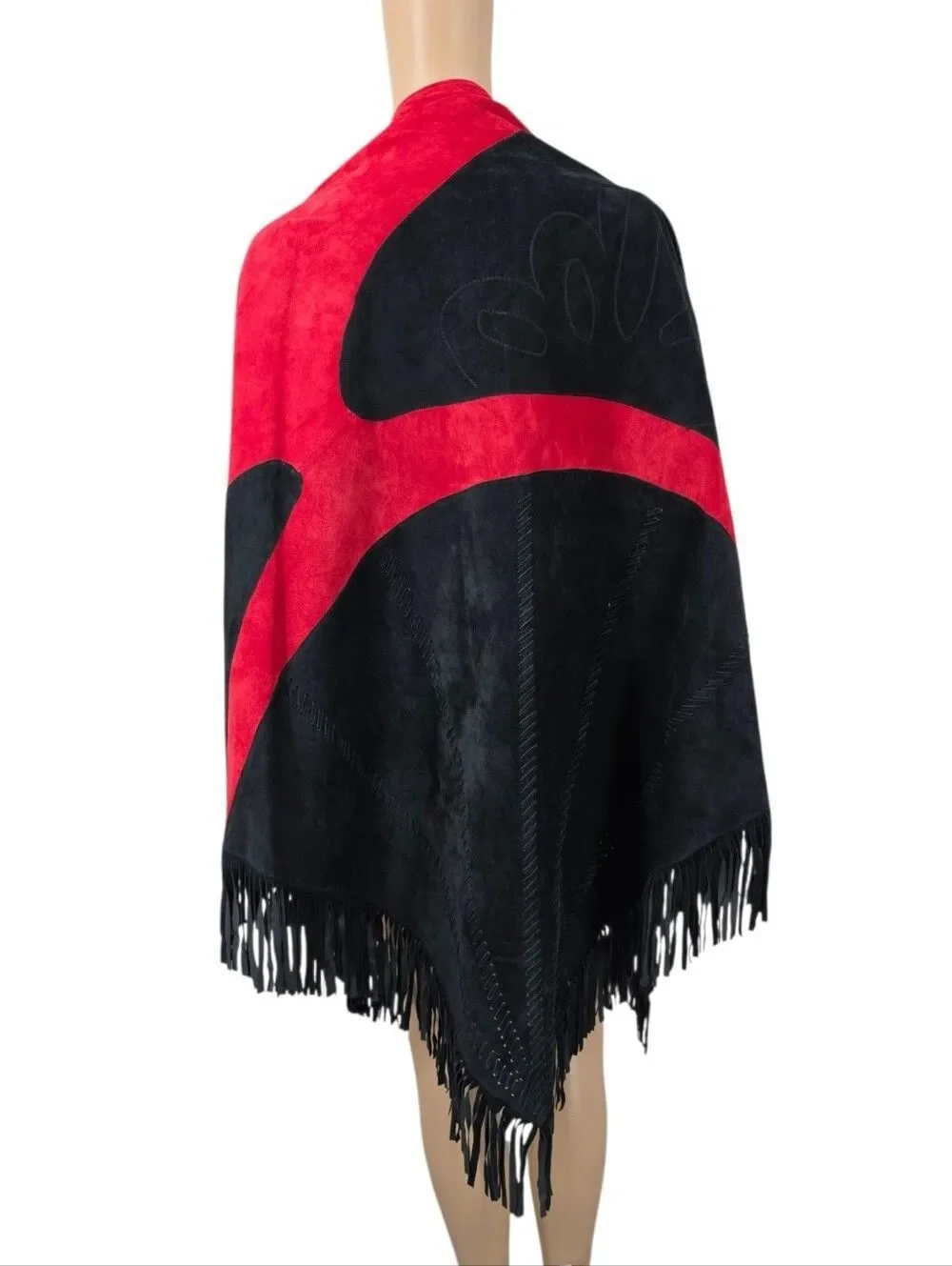 Vintage Black & Red Suede Nubuck All Leather Fringe Shawl Embroidered